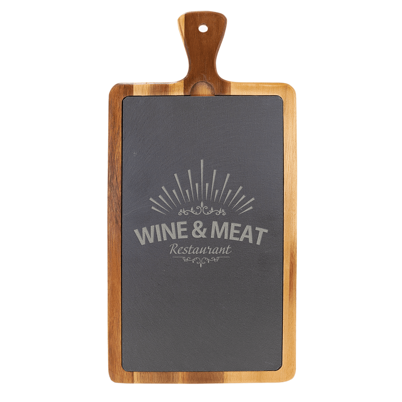 8 1/4" x 12 1/4" Round Acacia Wood/Slate Serving Board with Handle