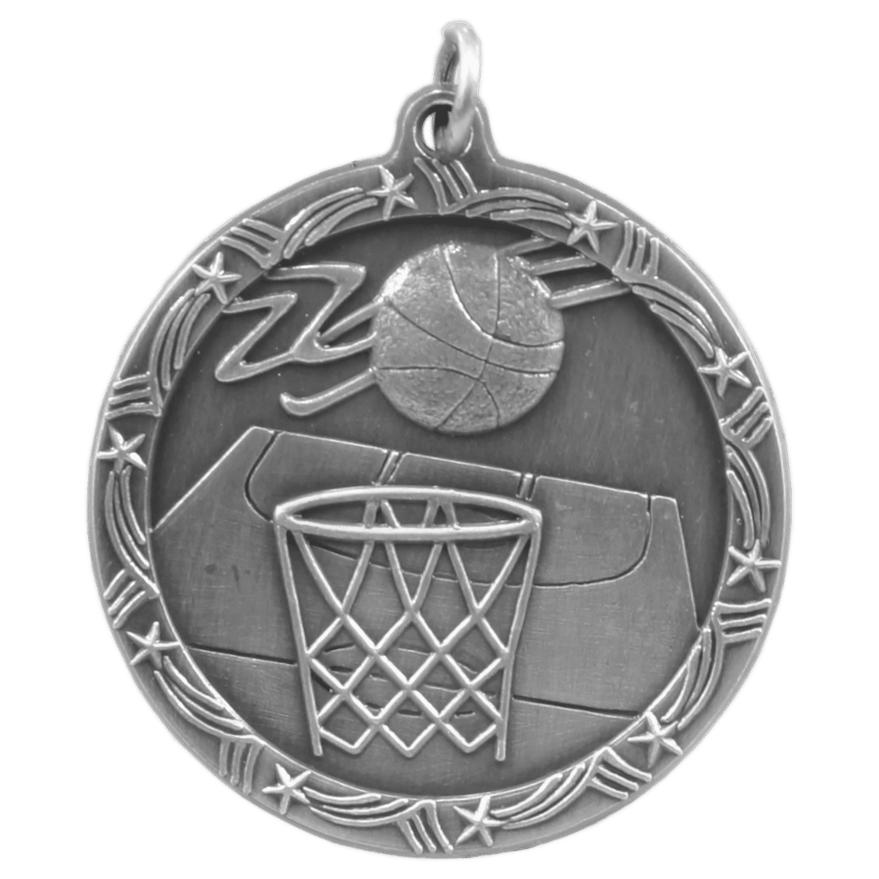 2 1/2" Antique Silver Basketball Shooting Star Medal