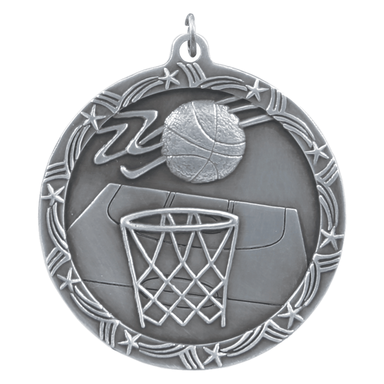 2 1/2" Antique Silver Basketball Shooting Star Medal
