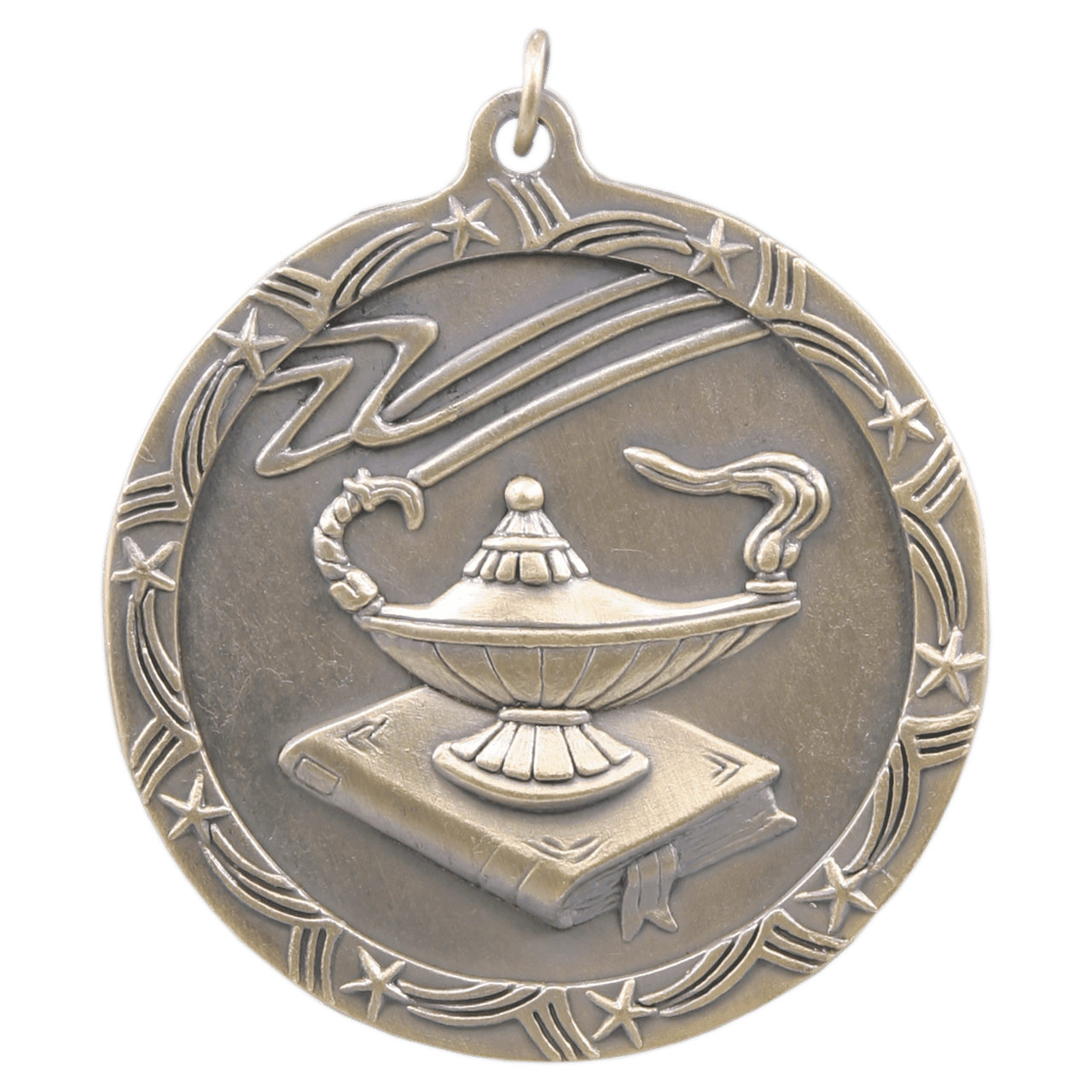 1 3/4" Antique Silver Lamp of Knowledge Shooting Star Medal