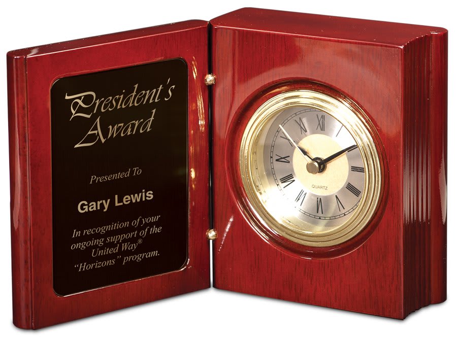 8 1/4" x 7 1/2" Rosewood Piano Finish Clock with Gold Columns
