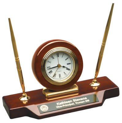 8 1/4" x 7 1/2" Rosewood Piano Finish Clock with Gold Columns