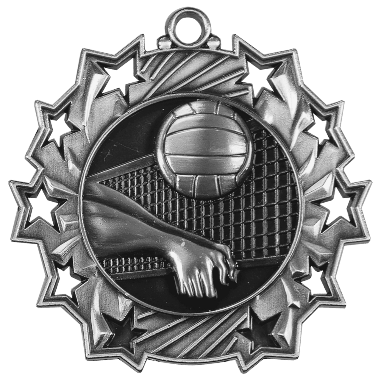 2 1/4" Antique Silver Volleyball Ten Star Medal