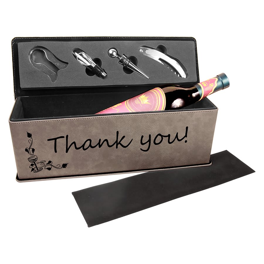 Black/Silver Laserable Leatherette Single Wine Box with Tools