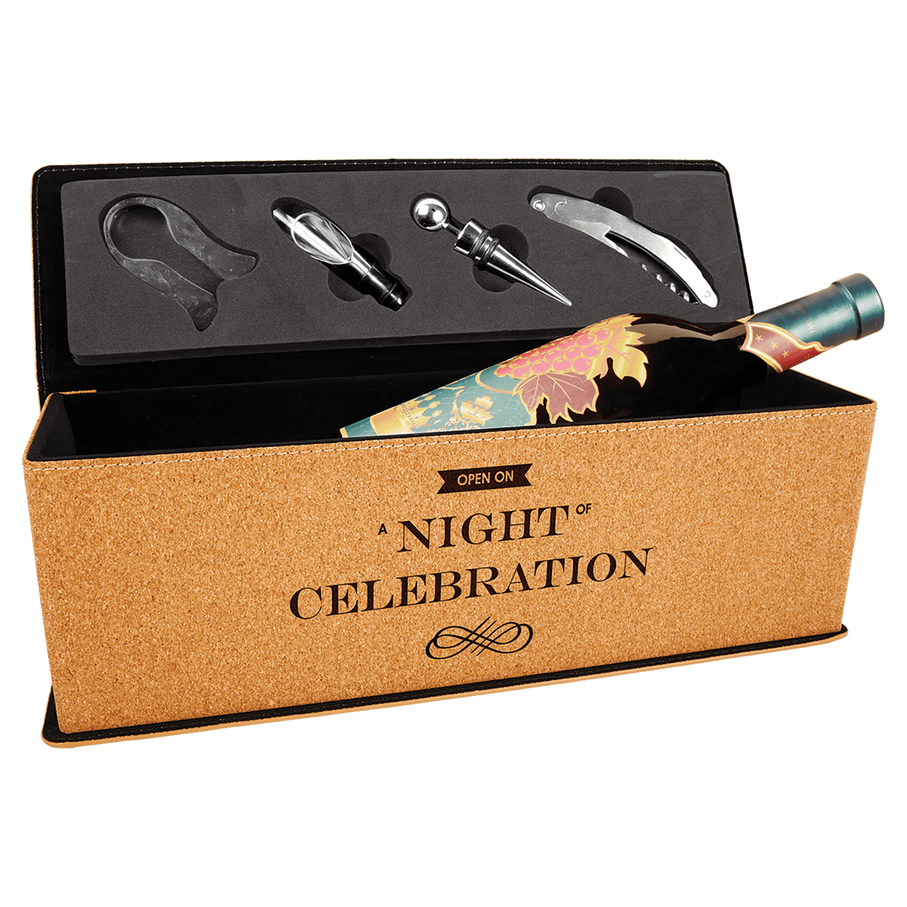 Black/Silver Laserable Leatherette Single Wine Box with Tools