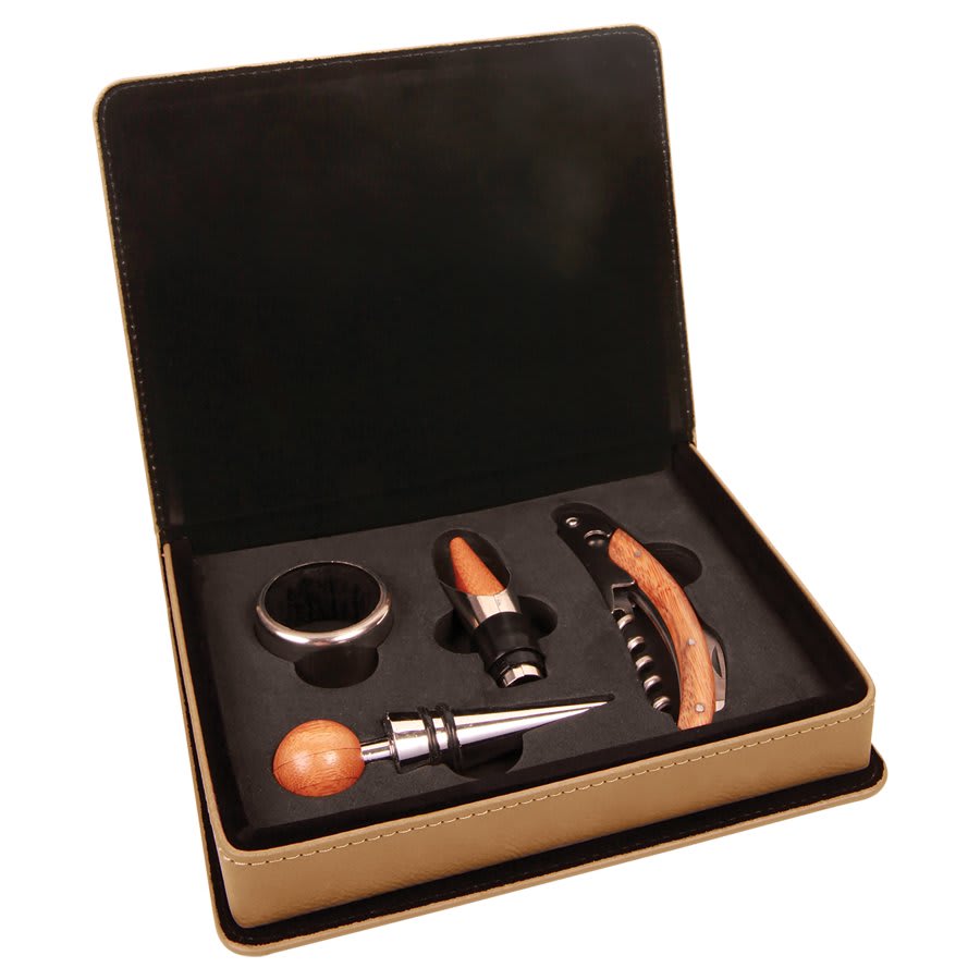 Dark Brown Laserable Leatherette 4-Piece Wine Tool Set