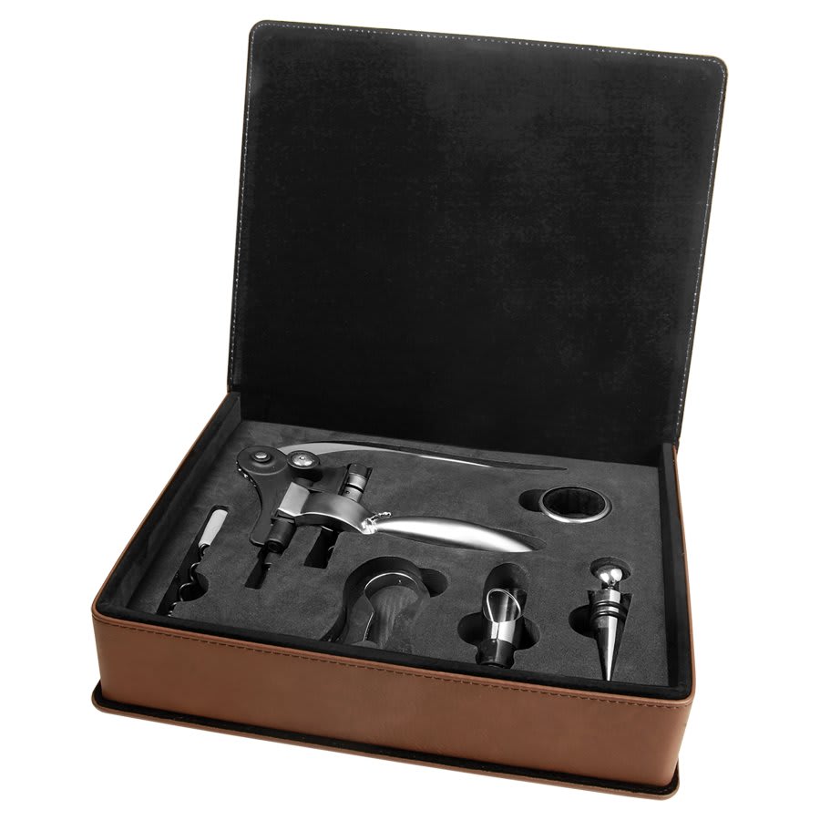 Light Brown Laserable Leatherette 5-Piece Wine Tool Gift Set